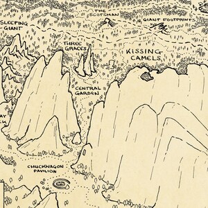 May include: A black and white line drawing of a map with various landmarks labeled. The map features a large mountain range with names like "Sleeping Giant", "Three Graces", "Central Garden", and "Kissing Camels".