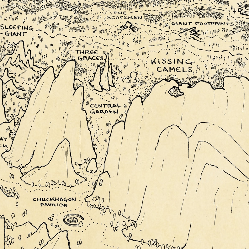 May include: A black and white line drawing of a map with various landmarks labeled. The map features a large mountain range with names like "Sleeping Giant", "Three Graces", "Central Garden", and "Kissing Camels".