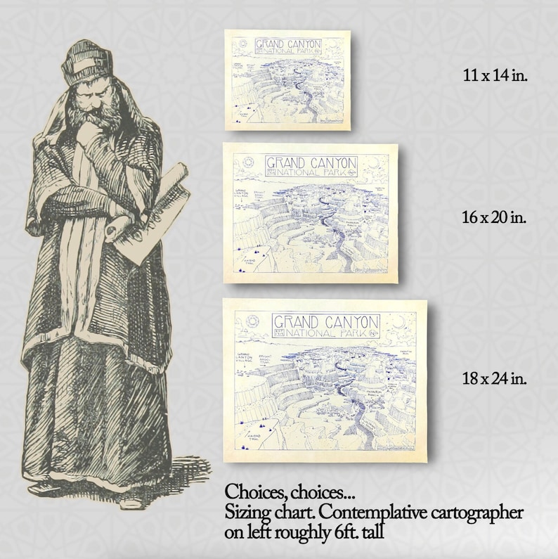 May include: A black and white illustration of a man holding a rolled up map. The map is of the Grand Canyon National Park and shows different sizes of the map with dimensions in inches. The caption reads "Choices, choices... Sizing chart. Contemplative cartographer on left roughly 6ft. tall."