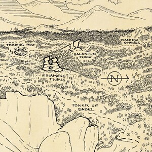 May include: A black and white hand-drawn map with a compass, mountains, and various landmarks labeled with text, including "Trading Post", "Siamese Twins", "Balanced Rock", "Tower of Babel", and "Manitou Springs".