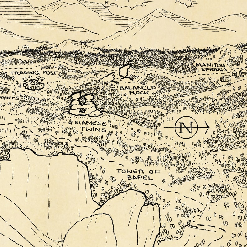 May include: A black and white hand-drawn map with a compass, mountains, and various landmarks labeled with text, including "Trading Post", "Siamese Twins", "Balanced Rock", "Tower of Babel", and "Manitou Springs".