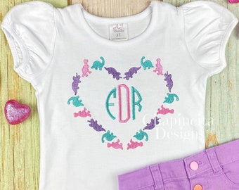 Valentine Dino Heart Monogram Shirt, Heart Dinosaur Sketch Tee, Girls Embroider Heart Shirt, Kids Valentine's Day Personalized T-Shirt