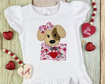 Valentines Day Puppy Love Letter Girls Embroidered Shirt, Personalized Girls Valentine Puff Sleeve, Girls Custom Valentines Gift