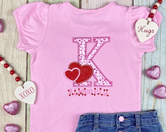 Valentines Girls Custom Alphabet Embroidered Shirt, Heart Personalized Monogram Tee, Girls Custom Valentine Gift