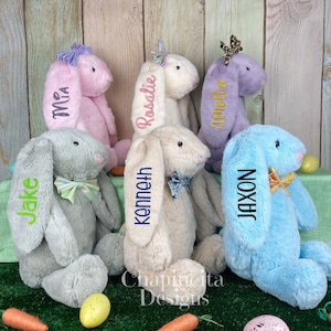 Plush Easter Bunny, Embroidered Personalized Rabbit, Long Ear Bunny, Baby shower Plush, Baby's First Easter Bunny, Decoration Rabbit