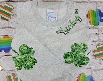 Sudadera con parche en el codo y lentejuelas sintéticas Lucky con cuello redondo