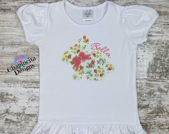 Easter Bunny Shirt, Girls Easter Rabbit Tee, Embroidered Easter Shirt, Flower Pattern Bunny Shirt, Spring Easter Top, Children's Easter Tee