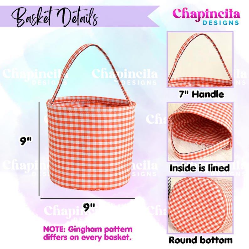 May include: A cylindrical fabric basket with an orange and white gingham pattern. The basket features a single handle, a lined interior, and a round bottom. Text indicates a 9-inch height, 9-inch width, and a 7-inch handle length.