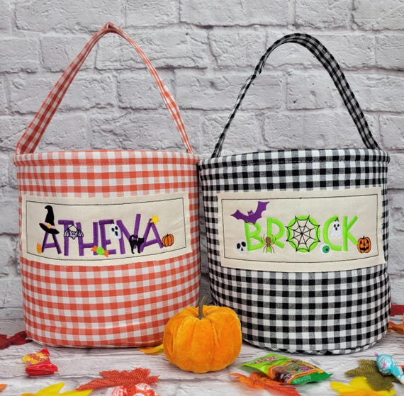 Kids Halloween Tote, Trick or Treat Gingham Bag, Monogrammed Candy Sack, Personalized Spooky Bag, First Halloween Basket