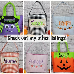 May include: A collection of six fabric Halloween trick-or-treat bags featuring various designs including a purple witch, black and white gingham, blue pinstripes, orange gingham, pink pinstripes, and an orange jack-o'-lantern, all with embroidered names.