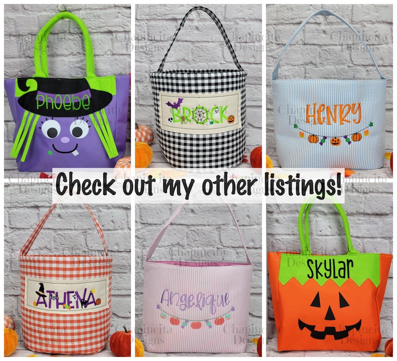 May include: A collection of six fabric Halloween trick-or-treat bags featuring various designs including a purple witch, black and white gingham, blue pinstripes, orange gingham, pink pinstripes, and an orange jack-o'-lantern, all with embroidered names.