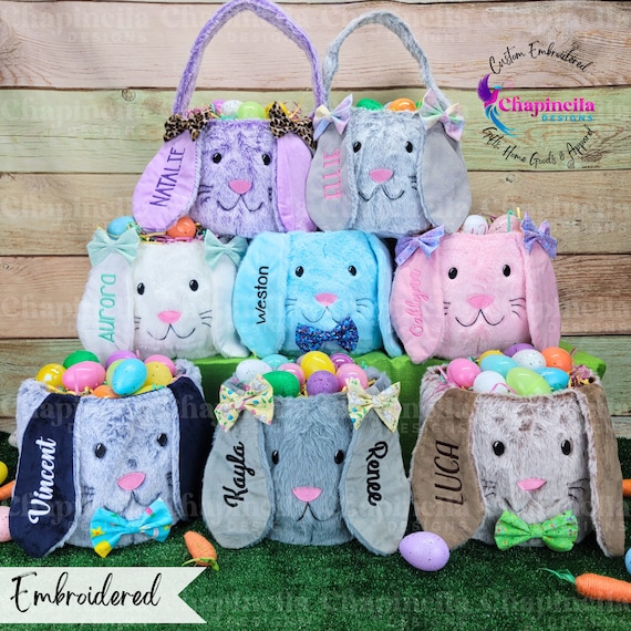 Personalized Bunny Easter Basket, Fur Easter Basket with Name, Plush Easter Bucket, Bunny Face Tote, Kids Custom Easter Treat Bag