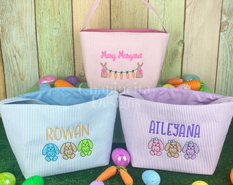 Personalized Easter Basket, Bunny Easter Bag, Monogrammed Seersucker Easter Basket, Embroidered Easter Bag, Kids Easter Bucket, Easter Gift