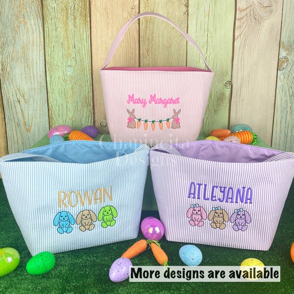 Personalized Easter Basket, Bunny Easter Bag, Monogrammed Seersucker Easter Basket, Embroidered Easter Bag, Kids Easter Bucket, Easter Gift