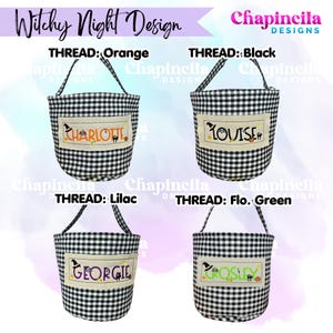 May include: Four black and white gingham fabric baskets with handles. Each features a rectangular patch with embroidered names Charlotte, Louise, Georgie, and Crosley, accented by witch hats, ghosts, cats, and pumpkins in orange, black, lilac, and green.