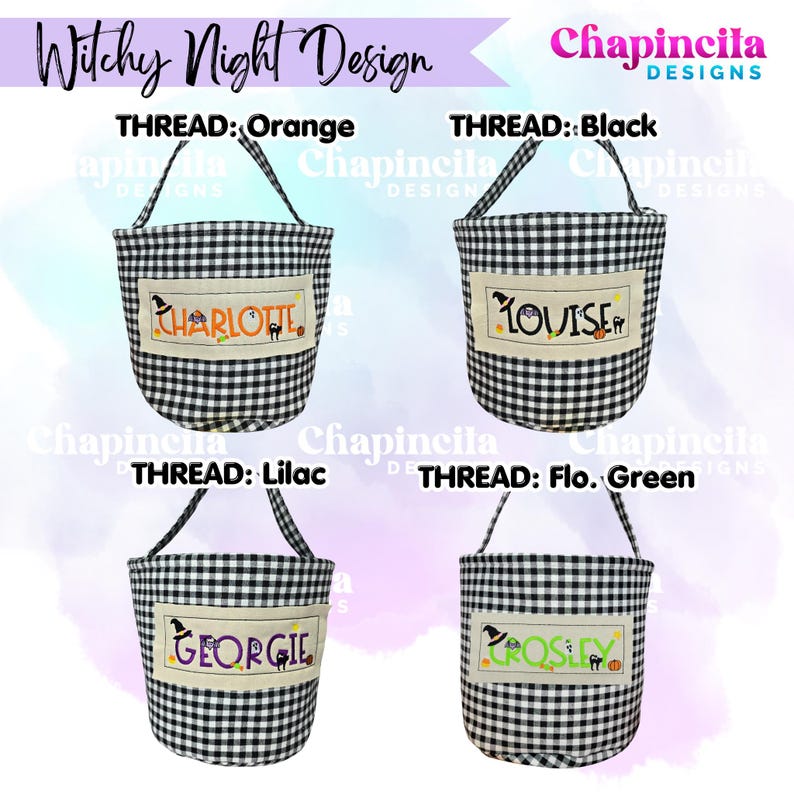 May include: Four black and white gingham fabric baskets with handles. Each features a rectangular patch with embroidered names Charlotte, Louise, Georgie, and Crosley, accented by witch hats, ghosts, cats, and pumpkins in orange, black, lilac, and green.