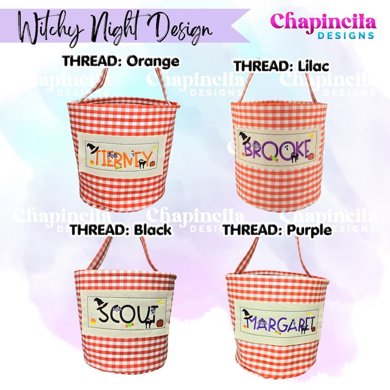 May include: Four orange and white gingham fabric buckets with handles, each featuring a rectangular cream-colored patch embroidered with the names Tierney, Brooke, Scout, and Margaret, alongside witch hats, ghosts, cats, and pumpkins.