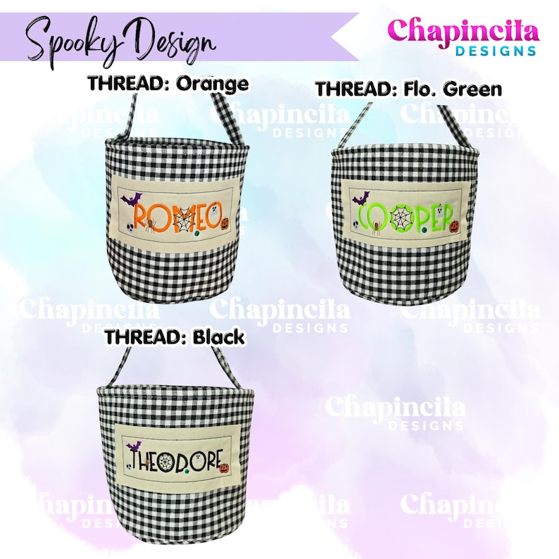 May include: Three black and white gingham fabric baskets with handles. Each features a rectangular cream-colored patch embroidered with names in orange, fluorescent green, or black thread, accented with small spiderweb and bat motifs.
