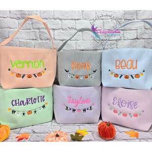 Monogrammed Trick or Treat Tote, Kids Embroidered Candy Sack, Personalized Treat Basket, Seersucker Halloween Bag, First Halloween Gift