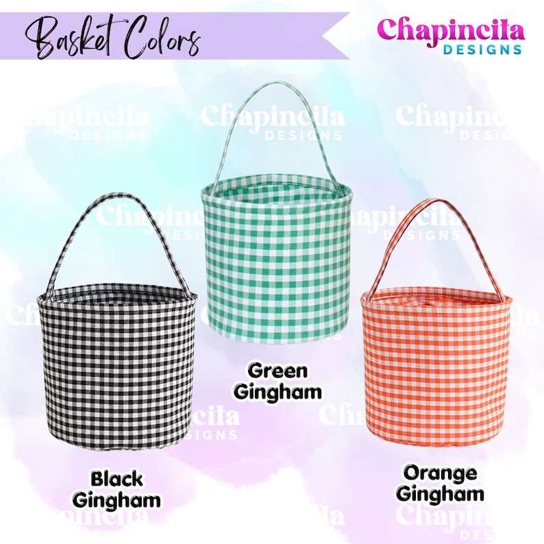 May include: Three cylindrical baskets with handles, each featuring a gingham pattern. The baskets are available in black, green, and orange colorways. Text labels below each basket identify them as Black Gingham, Green Gingham, and Orange Gingham.