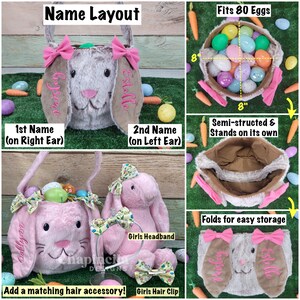 Puede incluir: Cesta de Pascua de peluche gris con bordado de nombres en las orejas. La cesta, con detalles rosas, tiene capacidad para 80 huevos. Tambi&eacute;n hay accesorios para el cabello a juego disponibles.