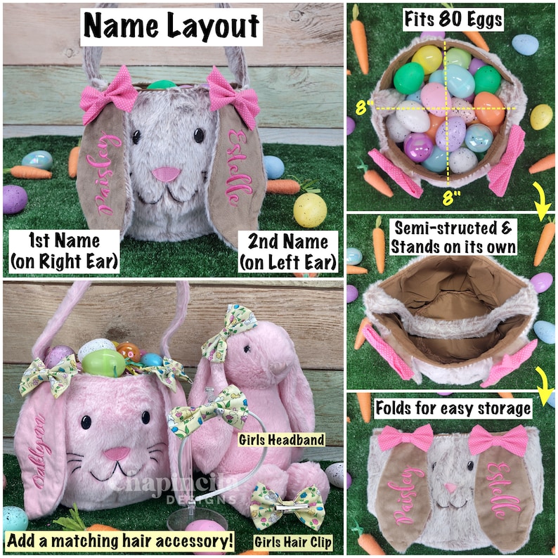 Puede incluir: Cesta de Pascua de peluche gris con bordado de nombres en las orejas. La cesta, con detalles rosas, tiene capacidad para 80 huevos. Tambi&eacute;n hay accesorios para el cabello a juego disponibles.