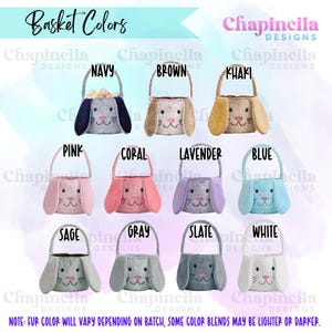 Puede incluir: Variedad de cestas de Pascua con forma de conejito en varios colores: azul marino, marr&oacute;n, caqui, rosa, coral, lavanda, azul, salvia, gris, pizarra y blanco. Cada cesta tiene una cara de conejo y un asa. El texto "Basket Colors" est&aacute; presente.