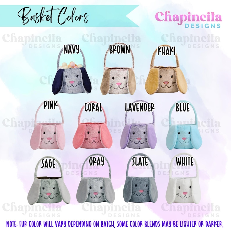 Puede incluir: Variedad de cestas de Pascua con forma de conejito en varios colores: azul marino, marr&oacute;n, caqui, rosa, coral, lavanda, azul, salvia, gris, pizarra y blanco. Cada cesta tiene una cara de conejo y un asa. El texto "Basket Colors" est&aacute; presente.