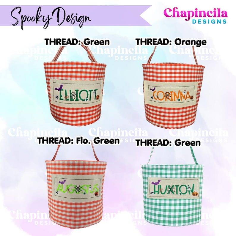 May include: Four fabric buckets with handles, featuring red and white or green and white gingham patterns. Each bucket has a rectangular cream-colored patch with embroidered names: Elliott, Corinna, Augustus, and Huxton, accented with spiderwebs and bats.
