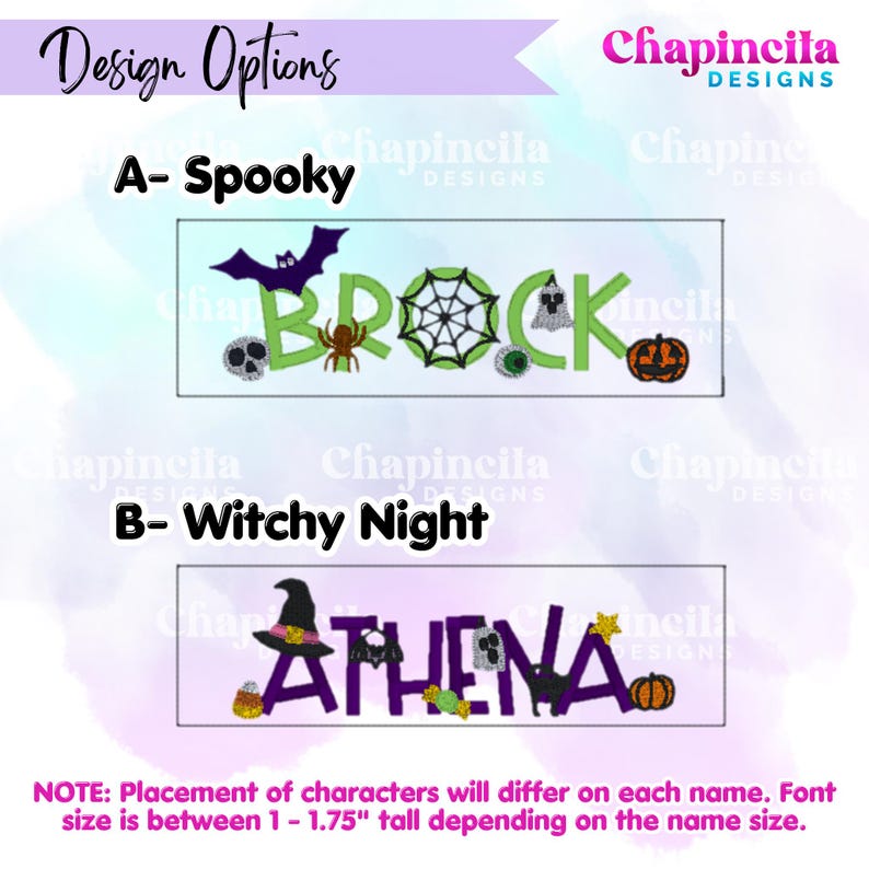 May include: Two design options for personalized name embroidery. Option A, Spooky, features the name BROCK in green letters with a purple bat, spider, spiderweb, skull, eyeball, and pumpkin. Option B, Witchy Night, features the name ATHENA in purple letters with a witch hat, bat, ghost, candy corn, cat, and pumpkin.