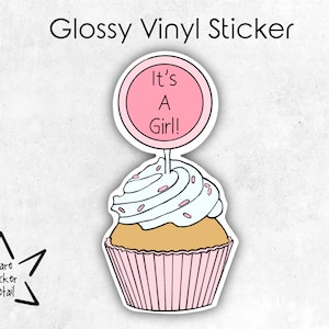It&#39;s A Girl Sticker: Cupcake Gender Reveal, Glossy Vinyl