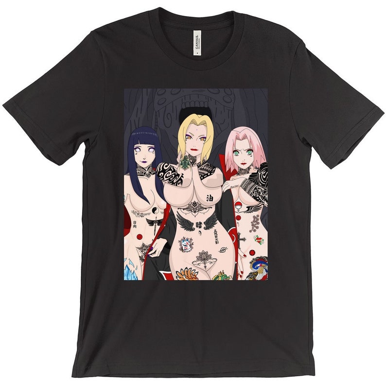 May include: Black t-shirt with a graphic print of three women with tattoos. The women are wearing revealing clothing and have colorful tattoos on their bodies.