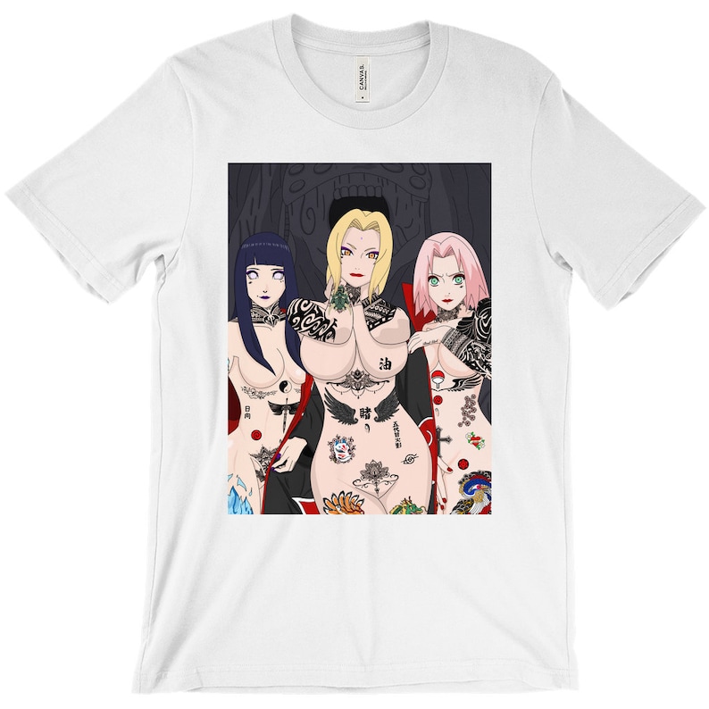 May include: A white t-shirt with a graphic print of three anime characters with tattoos. The characters are a woman with long blonde hair, a woman with long black hair, and a woman with long pink hair. The characters are all wearing revealing clothing and have tattoos all over their bodies.
