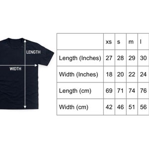 May include: Size chart for a t-shirt with measurements in inches and centimeters. The chart shows the length and width of the shirt in different sizes, from XS to 2XL.