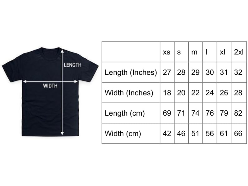 May include: Size chart for a t-shirt with measurements in inches and centimeters. The chart shows the length and width of the shirt in different sizes, from XS to 2XL.