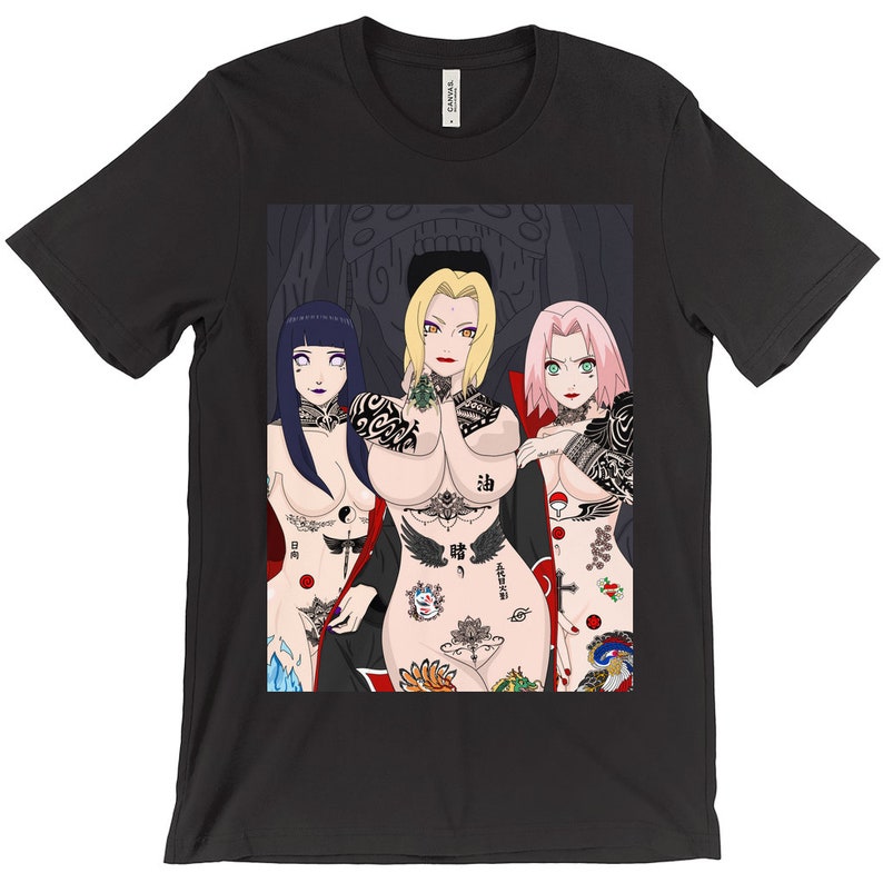 May include: Black t-shirt with a graphic print of three anime characters with tattoos. The characters are women with long hair and are wearing revealing clothing.