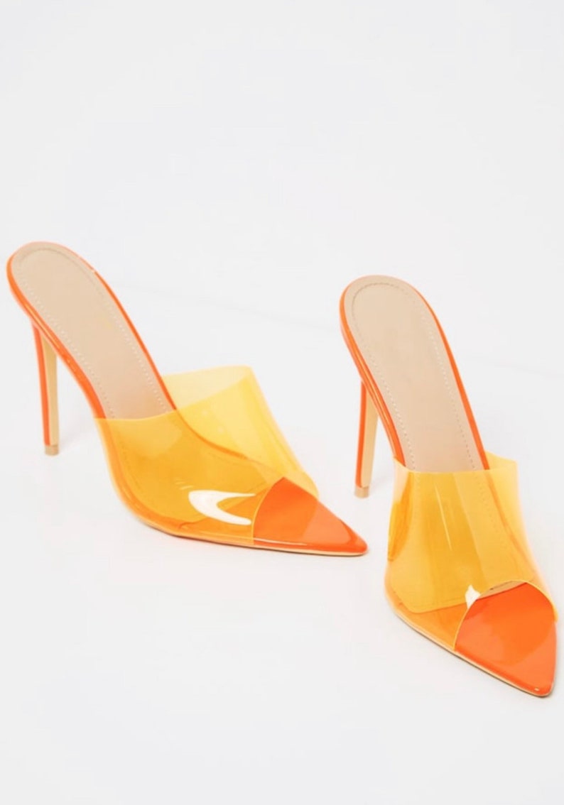 Women orange pointy PVC  high heels sandals Slip on Mules euphoria style outfit 