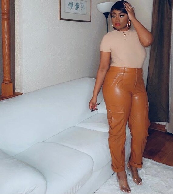 Women Trendy Faux Leather Pants Cargo 