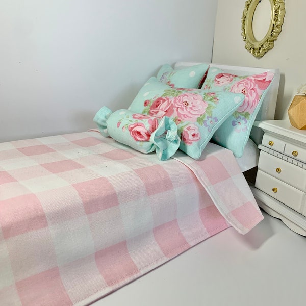 Barbie bedding/Barbie comforter set/Doll bedding/12” or similar size/6 piece/ doll blanket/pastels pink aqua /Handmade