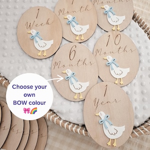 May include: Wooden milestone markers with a duck design and text indicating weeks, months, and a year. Each oval marker features a white duck with a blue bow. The text "Choose your own BOW colour" is also present.