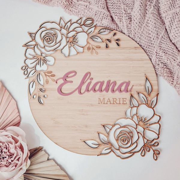 Personalised Floral Name Sign - Custom Name Plaque - Nursery / Baby Sign  - Baby Shower - Announcement - Elegant Flowers - Lasercut Sign