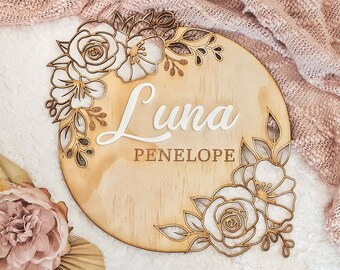 Personalised Floral Name Sign - Custom Name Plaque - Nursery / Baby Sign  - Baby Shower - Announcement - Elegant Flowers - Lasercut Sign