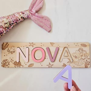 Rompecabezas de madera con nombre de sirena - Rompecabezas personalizado con nombre para niños - Juguete Montessori para bebés - Regalo de sirena para niños - Rompecabezas con nombre personalizado - Animales del océano