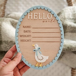 Hello World Birth Announcement Plaque - Baby Announcement Plaque - Goose Decor - Nursery Decor - Wooden Baby Name Sign - Vintage Name Sign