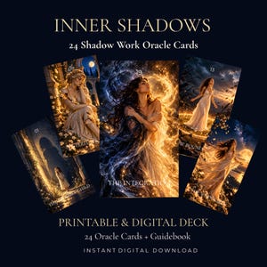 Può includere: Mazzo di 24 carte oracolo Inner Shadows, stampabile e digitale, con cinque carte rettangolari raffiguranti illustrazioni fantasy di figure in ambienti eterei, numerate 01, 08, 13, 19 e 24, con titoli come The Integration e The Invisible Child.
