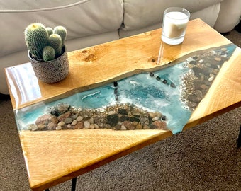 Oak coffee table, resin coffee table, beach lovers coffee table, river table, table art, coffee table with hair pin legs, living room table