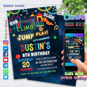 Faire-part d'anniversaire pour aire de jeu, néon, modèle d'invitation à une fête dans la jungle pour fille, aire de jeux intérieure rebondissante, toile