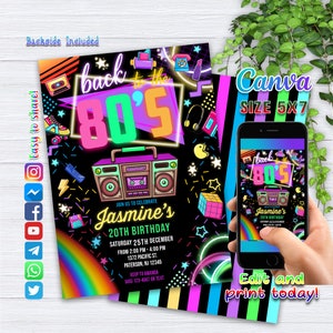 Bearbeitbare 80er Jahre Geburtstagsfeier-Einladung, Zurück in die 80er Jahre, Throwback-Party, Neon-Party, Glow Dance, 2000er Jahre Geburtstag, der gesamte Text ist bearbeitbar