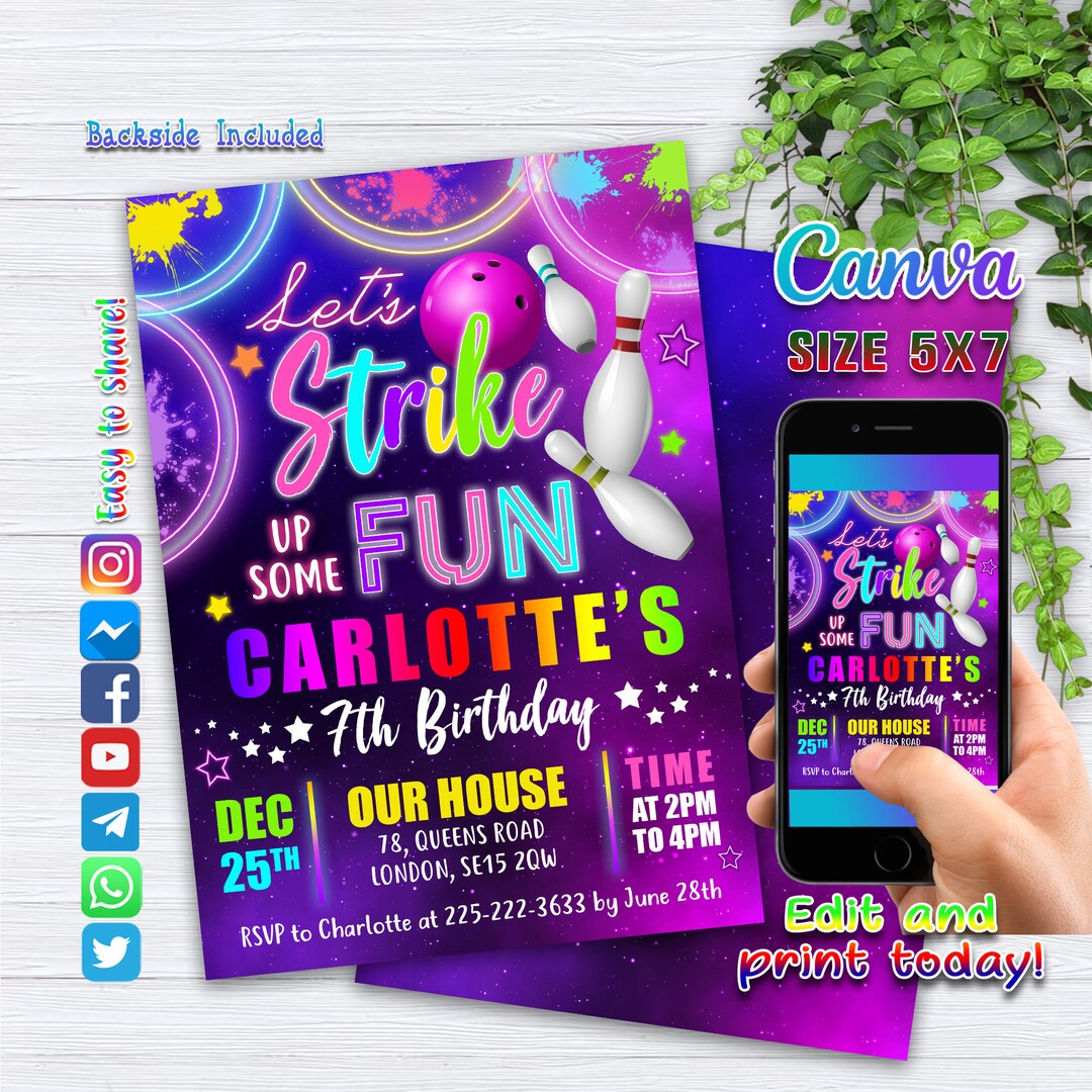 Editable Bowling Birthday Invitation, Glow Bowling Invitation, Bowling