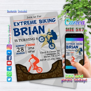 EDITABLE BMX Bike Birthday Invitation, Mountain Bike Party Invite, Instant Download, Printable, Canva, Template, Skateboard, Biking Ri2